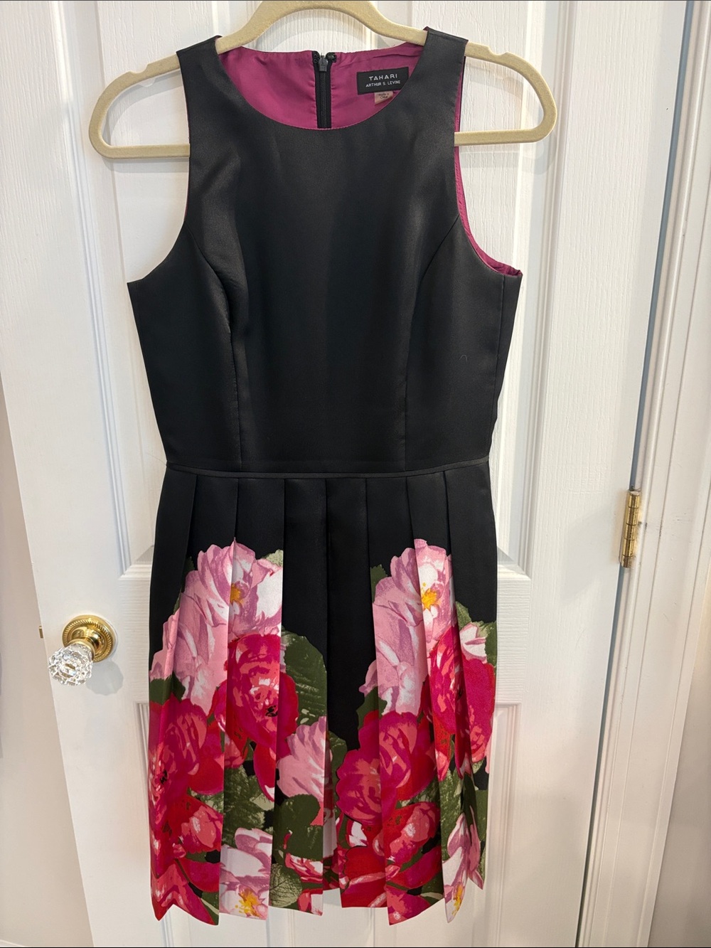 Tahari ASL Black Dress with Pink Floral Hem